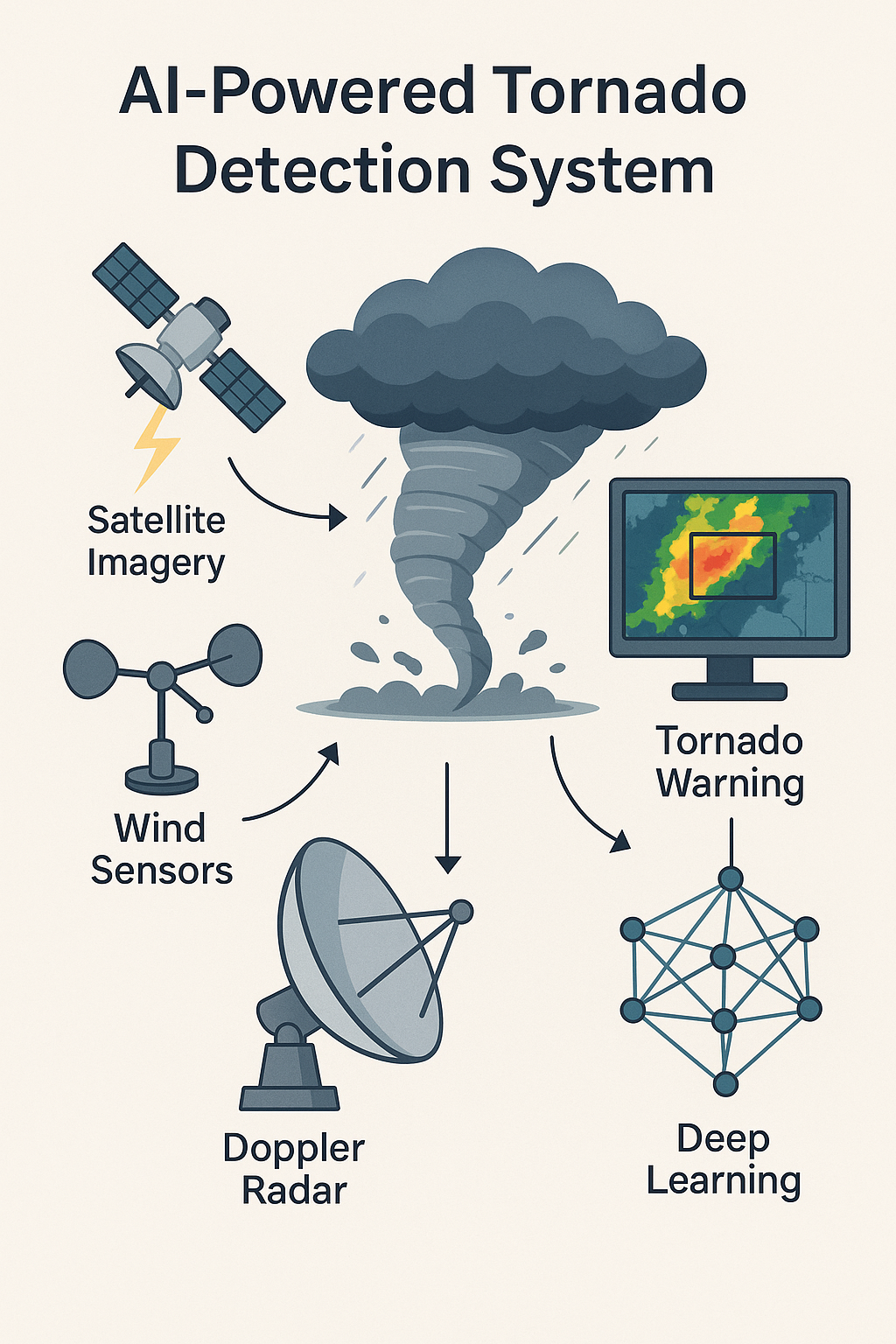 AI system overview for tornado detection with radar integration and alerts